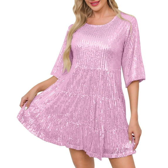 Juniors Loose Fit Dresses Homecoming Dresses for Women Short Sleeve Midi Mini Petite Formal Date Night Gowns Evening Sequin Bling Glitter Basic Summer Fall 2025