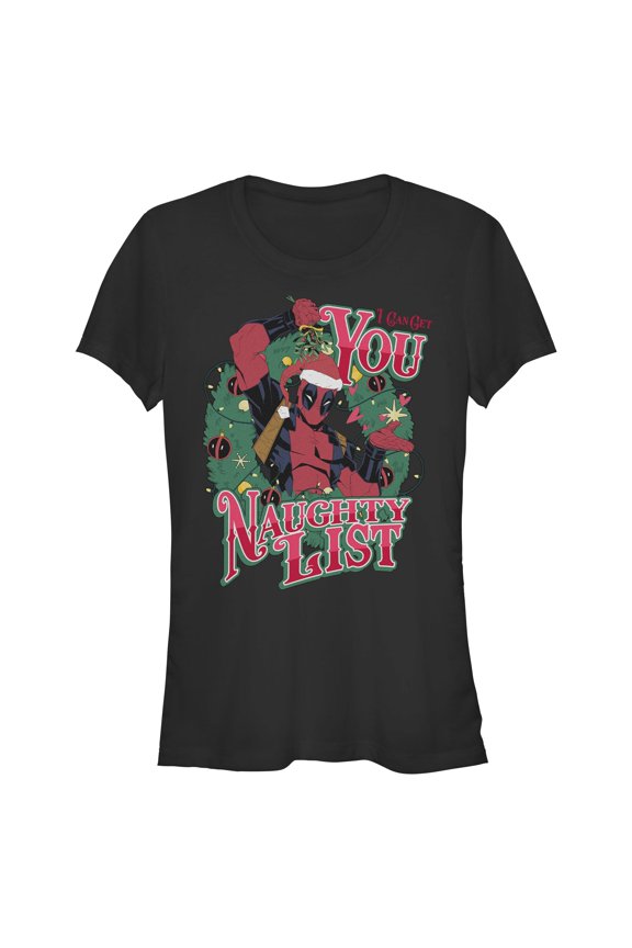 Juniors Marvel: Deadpool Naughty List Christmas Wreath T Shirt