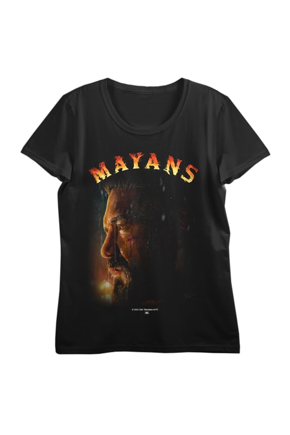 Mayans Angel Face Art with Curved Logo on Black Short Sleeve Adult T-Shirt-Small