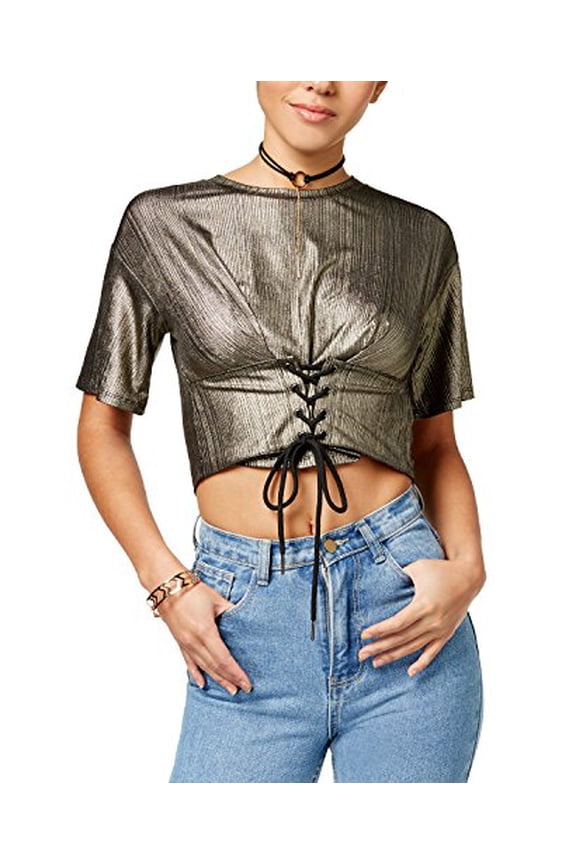 Juniors' Metallic Cropped Corset Top Gold Combo L