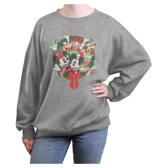 Juniors Mickey & Friends Christmas Distressed Friend Group Wreath Sweatshirt