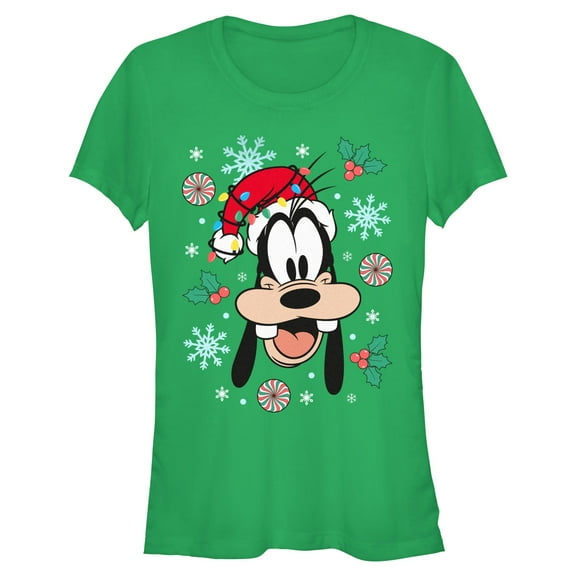 Juniors Mickey & Friends Christmas Hat Ornaments Goofy Portrait T Shirt