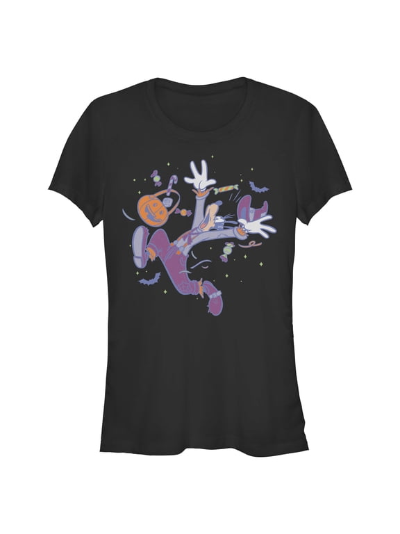 Juniors Mickey & Friends Halloween Goofy Candy Basket Scared Pose T Shirt