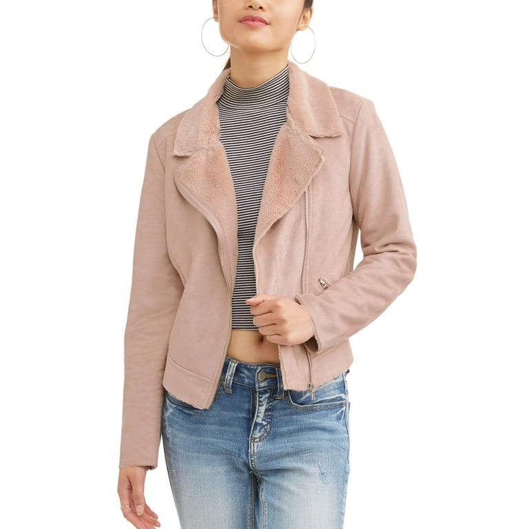 Juniors Microsuede Moto Jacket with Faux Fur Trim Walmart
