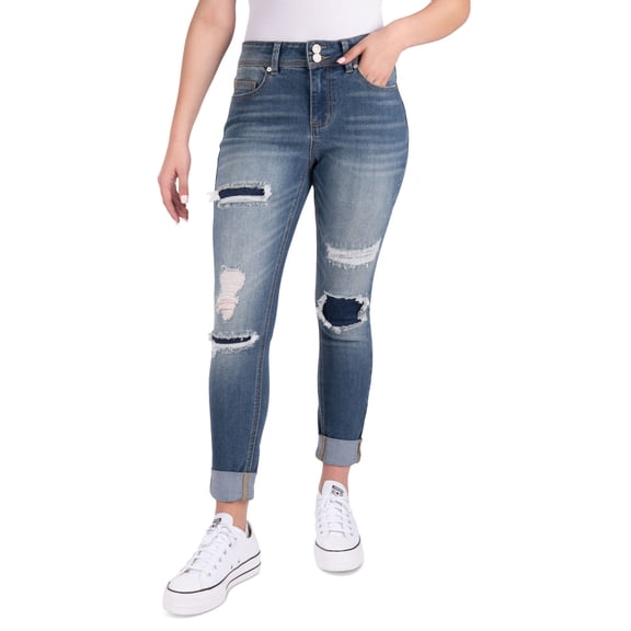 Juniors' Mid-Rise Destructed Skinny Jeans Med Blue 1