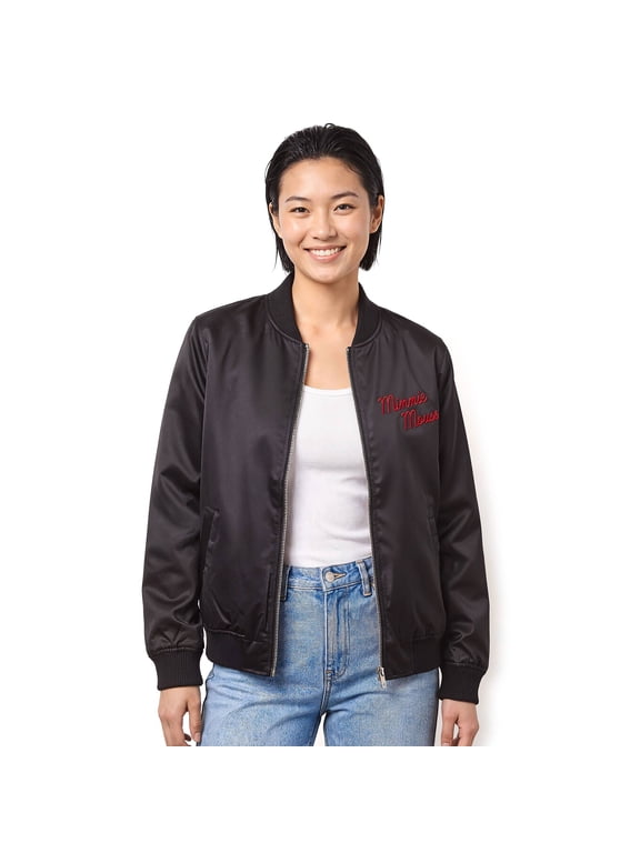Juniors Minnie Mouse Classic Heart Pose Embroidery Bomber Jacket