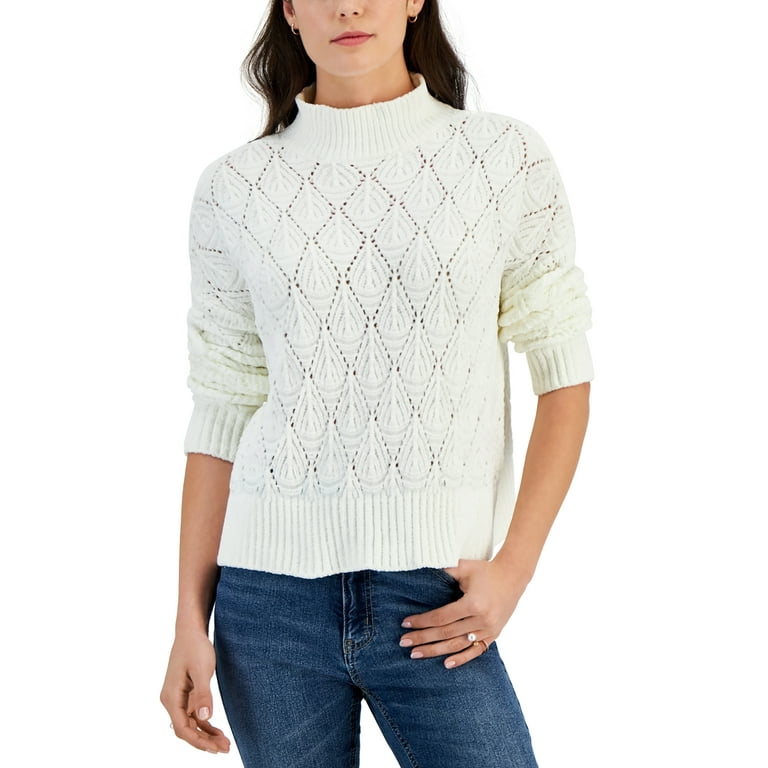 Juniors' Mock-Neck Chenille Pointelle Sweater White XS