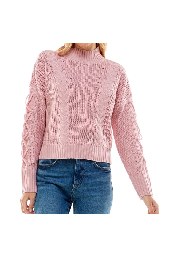 Juniors' Mock-Neck Lace-Up-Sleeve Sweater Pink M