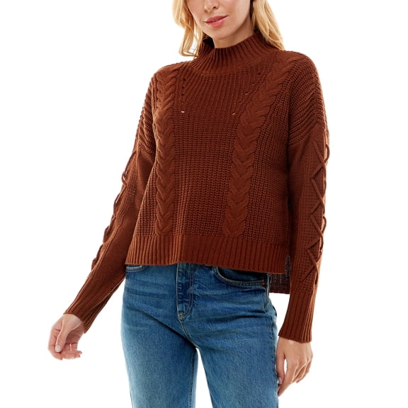 Juniors' Mock-Neck Lace-Up-Sleeve Sweater Tortoise Shell L
