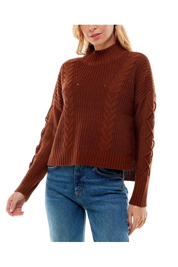 Juniors' Mock-Neck Lace-Up-Sleeve Sweater Tortoise Shell XS