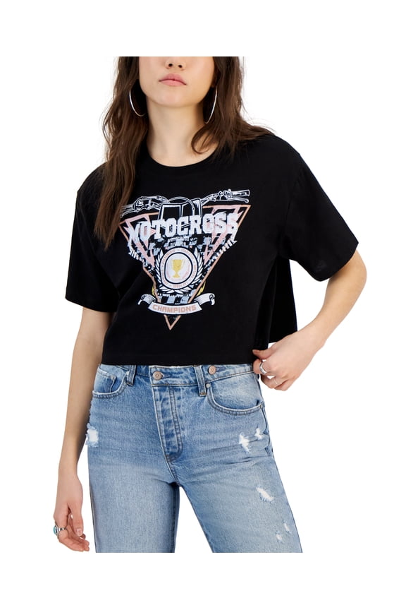 Juniors' Motocross Graphic Boxy Crop T-Shirt Black L