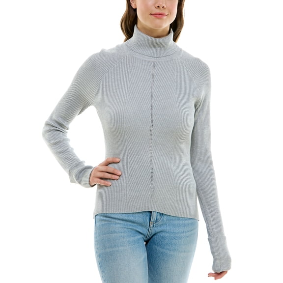 Juniors' Multi-Rib Turtleneck Sweater Light Grey Heather XS