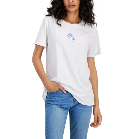 Juniors' Mushroom Embroidered T-Shirt White M
