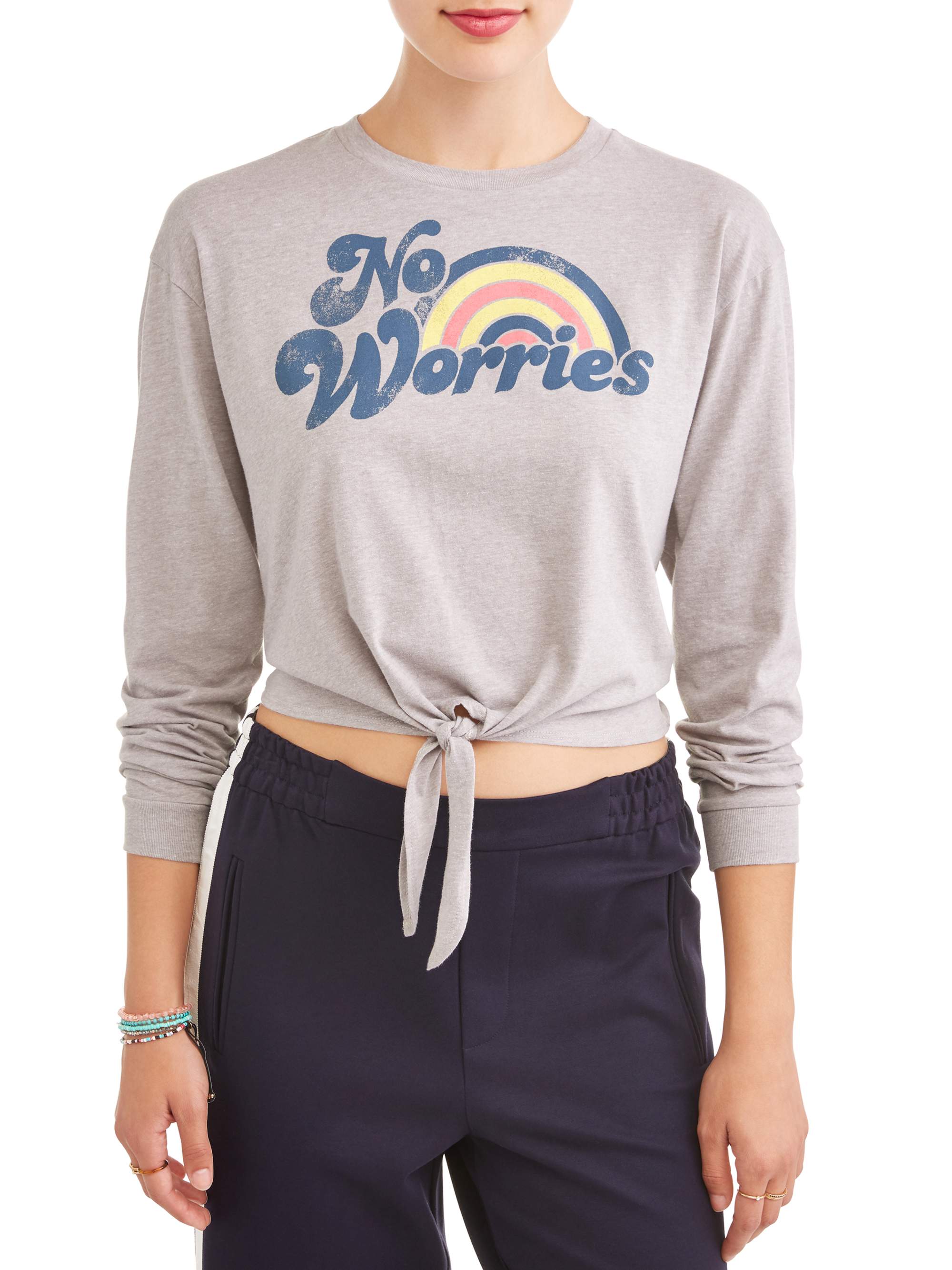 Juniors' "No Worries" Rainbow Graphic Tie-Front Long Sleeve Crew Neck T-Shirt - image 1 of 4