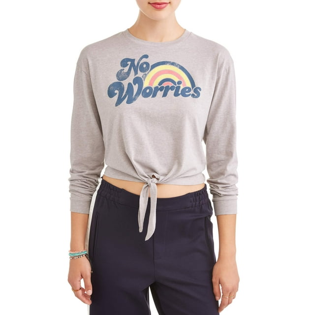 Juniors' "No Worries" Rainbow Graphic Tie-Front Long Sleeve Crew Neck T-Shirt