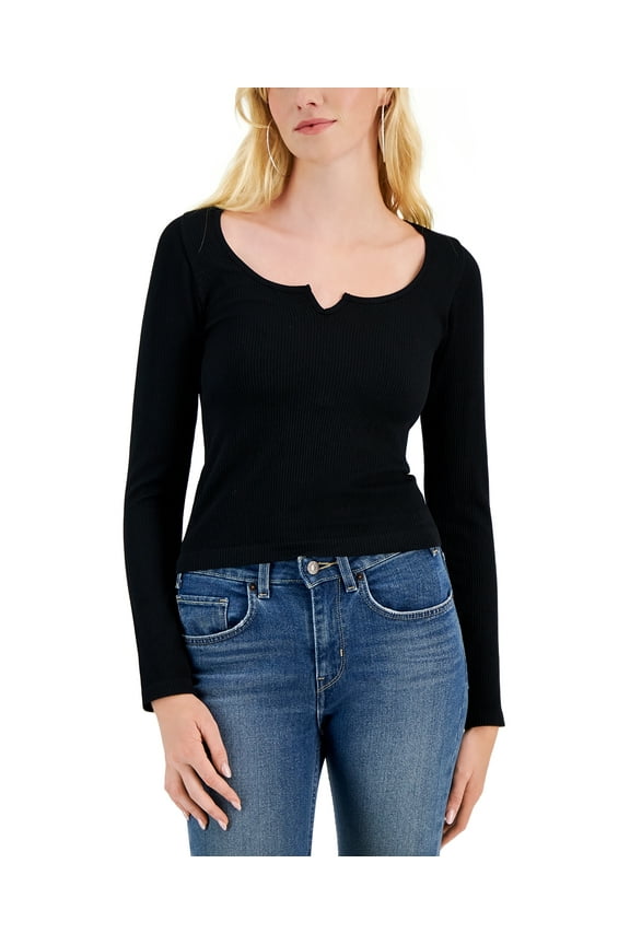 Juniors' Notched Neckline Ribbed Knit Long-Sleeve Top Black Beauty S