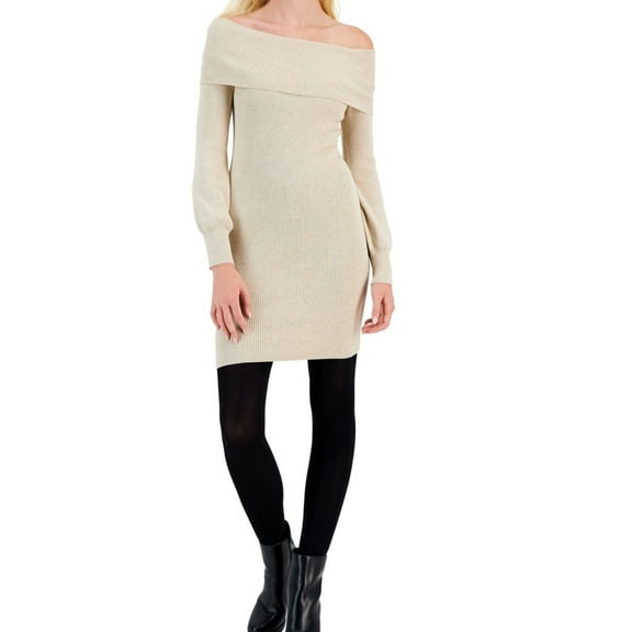 Hippie Rose Womens Long Above-Knee Off-Shoulder Dress, Beige, Large