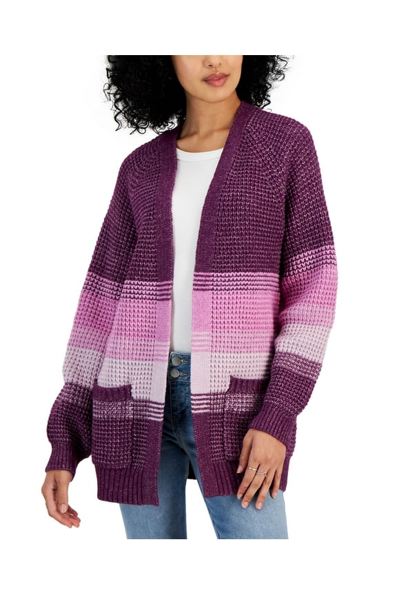 Juniors' Ombr Striped Waffle-Knit Long Cardigan Berry Stripe Combo XS