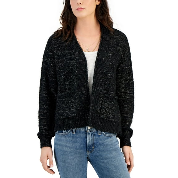 Juniors' Open-Front Lurex Eyelash-Knit Cardigan Black M