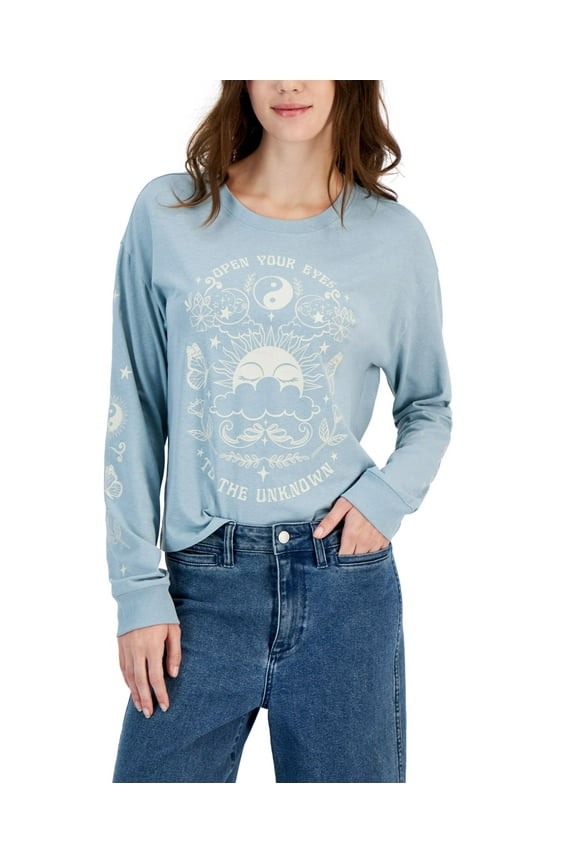 Juniors' Open Your Eyes Graphic-Print T-Shirt Stone Blue XL