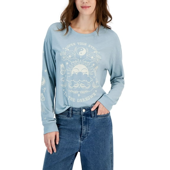 Juniors' Open Your Eyes Graphic-Print T-Shirt Stone Blue XS