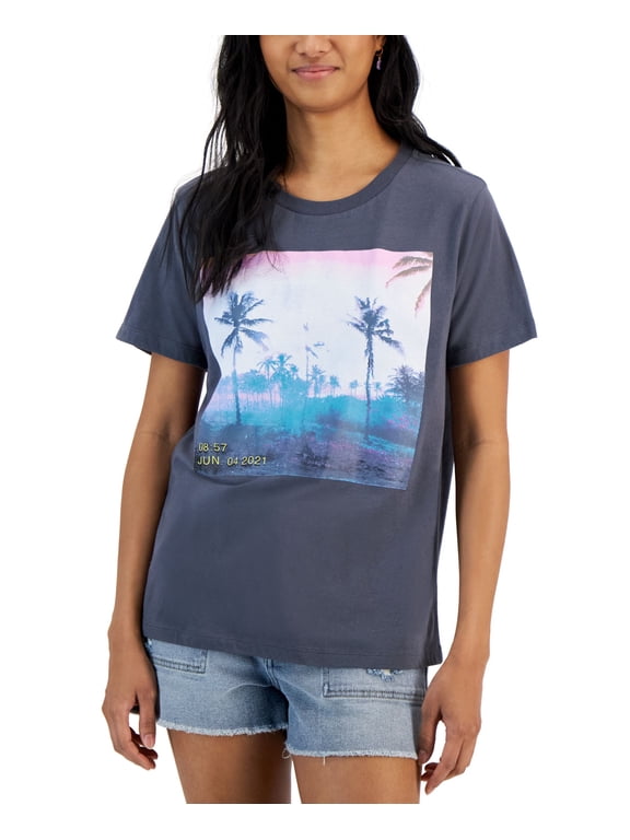 Juniors' Palm Tree Box Graphic T-Shirt Gray S