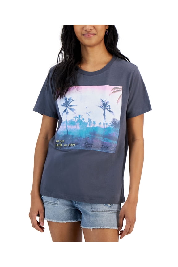 Juniors' Palm Tree Box Graphic T-Shirt Gray S