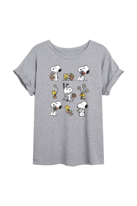 - Snoopy & Woodstock Easter Grid - Juniors Oversized Graphic T-Shirt