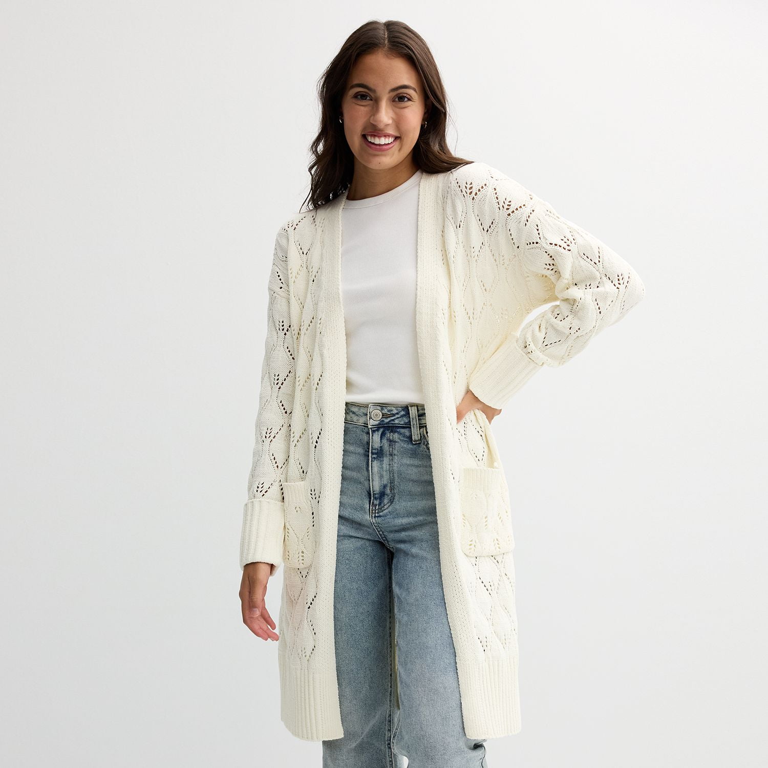 Juniors' Pink Republic Pointelle Duster Cardigan Color: Blizzard
