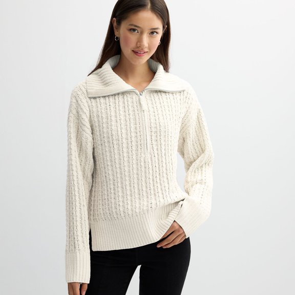 Juniors' Pink Republic Quarter-Zip Chenille Tunic Color: Blizzard White Size: X SMALL