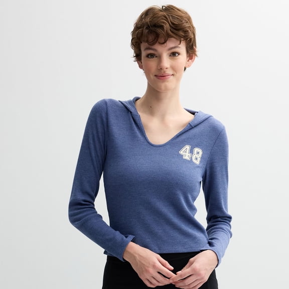 Juniors' Pink Republic Thermal Knit Long Sleeve Pullover Hoodie Color: Indigo Size: MEDIUM