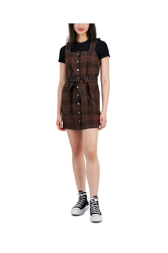 Juniors' Plaid Belted Overalls Dress Brown Black L