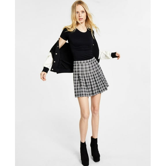 Juniors' Plaid Pleated Skirt Black Plaid XL