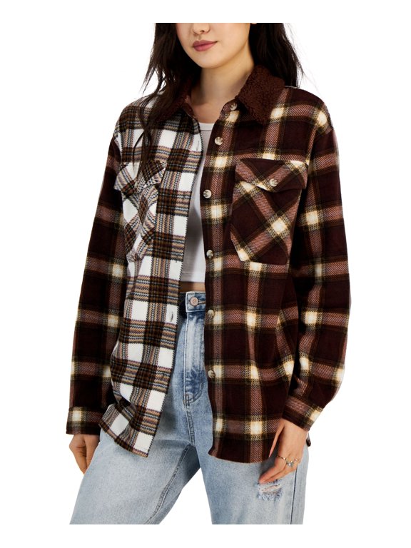 Juniors' Plaid Polar Fleece Sherpa-Collar Shacket Brown Splice L