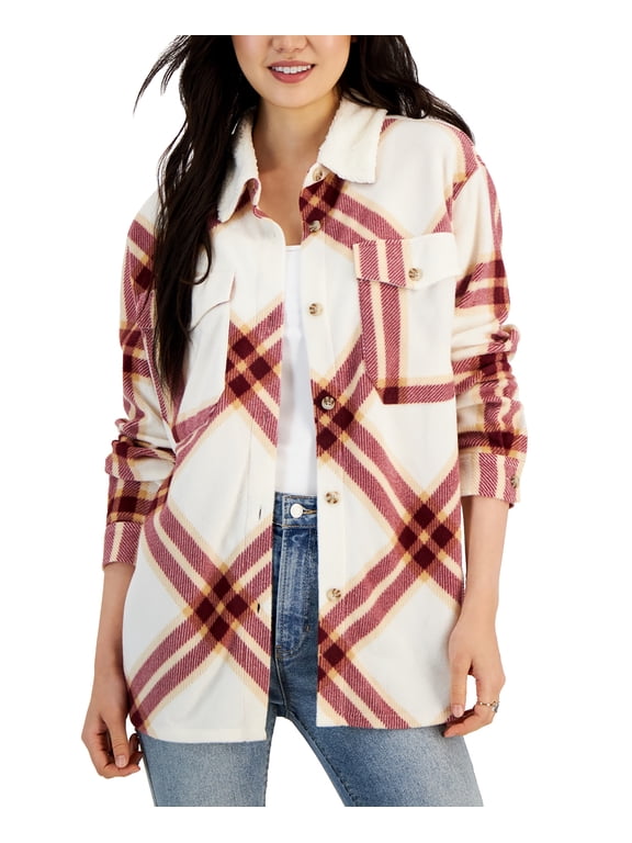Juniors' Plaid Polar Fleece Sherpa-Collar Shacket Pink Ivory XS