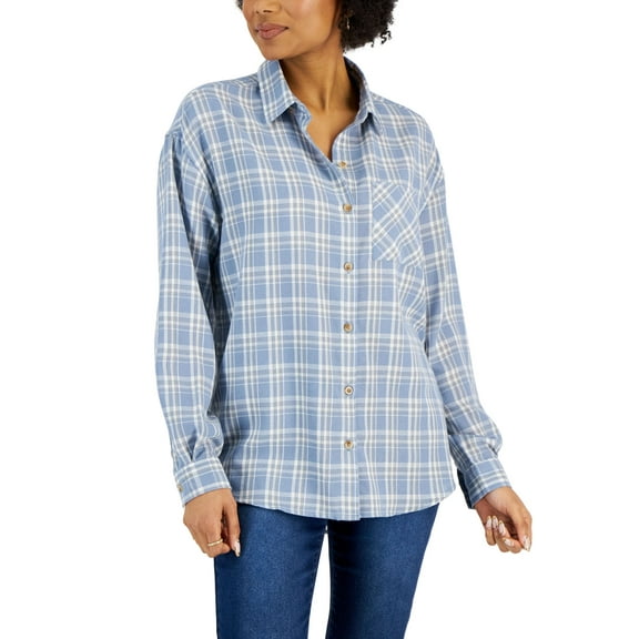 Juniors' Plaid-Print Button-Front Long-Sleeve Shirt Blue Plaid S