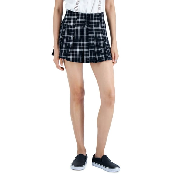 Juniors' Pleated Plaid Micro-Mini Skirt Black Plaid M