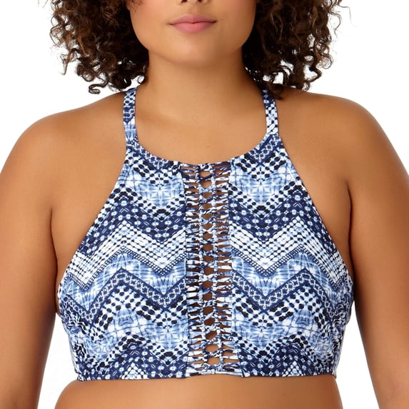Juniors' Plus-Size Printed High-Neck Halter Swimsuit Top