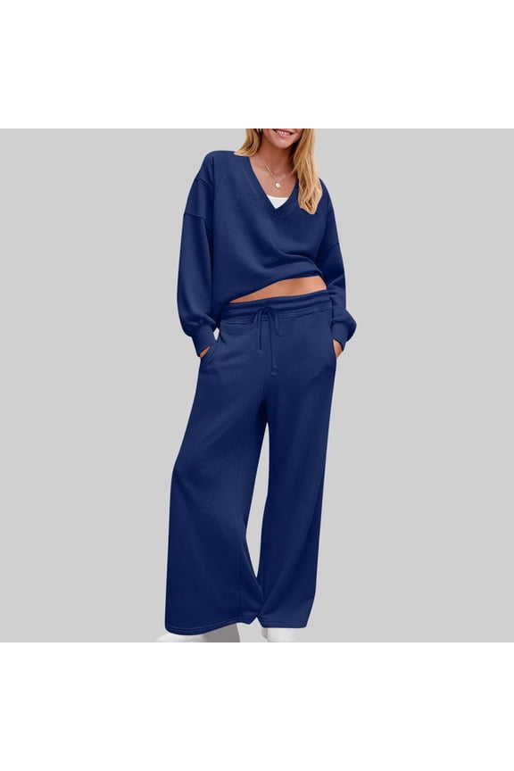 Juniors Plus Size Sweatsuits Two Piece Lounge Set V-Neck Cuffed Sleeve Sweatshirts and High Elastic Waistband Wide Leg Sweatpants