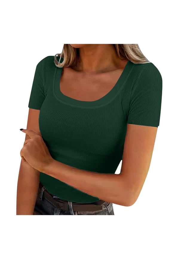 Juniors Plus Size Y2K Crop Top Spring Summer Trendy Ribbed Knit Short Sleeve Slim Fit Crew Neck Pullover T-Shirt