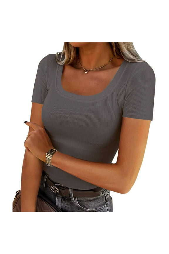 Juniors Plus Size Y2K Crop Top Spring Summer Trendy Ribbed Knit Short Sleeve Slim Fit Crew Neck Pullover T-Shirt