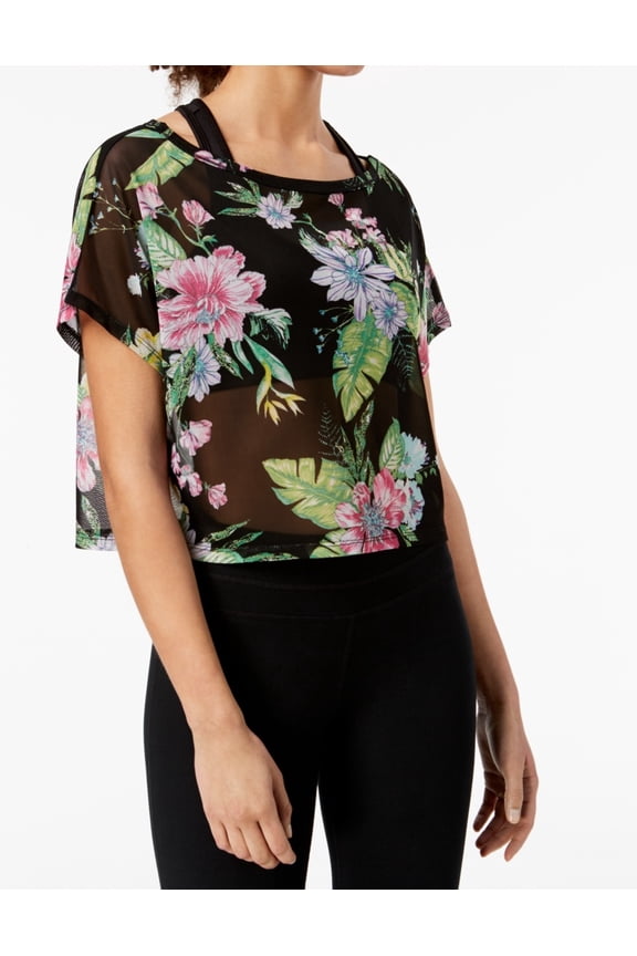 Juniors' Printed Active Top Black Tropical S