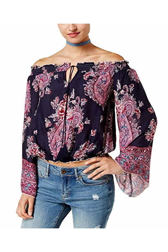 Juniors' Printed Off-The-Shoulder Peasant Top Blue Combo M