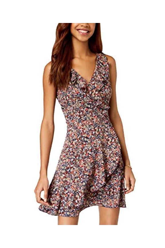 Juniors' Printed Ruffled Faux-Wrap Dress Distsy Floral Print 7