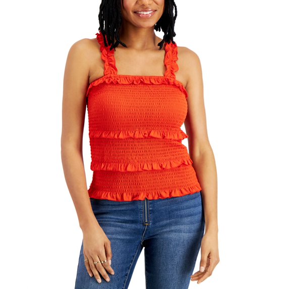 Juniors' Printed Tiered Smocked Tank Top Tropical Red M