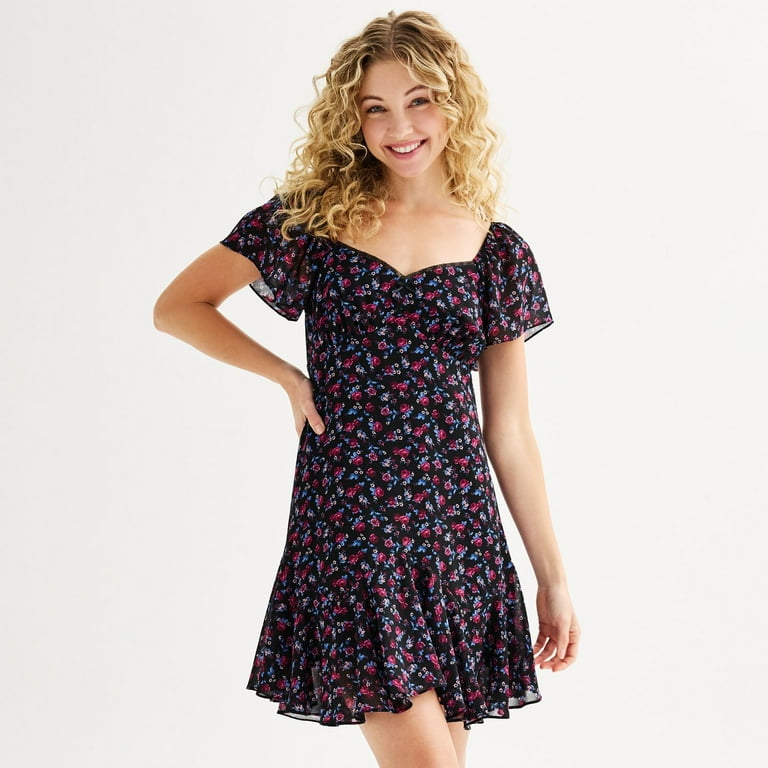 Juniors Rewind Flutter Sleeve Sweetheart Neck Skater Dress Color Black Multi Floral Size X SMALL Walmart