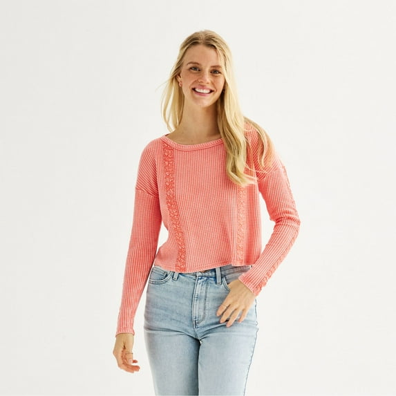 Juniors' Rewind Long Sleeve Waffle Top Color: Coral Orange Size: X SMALL
