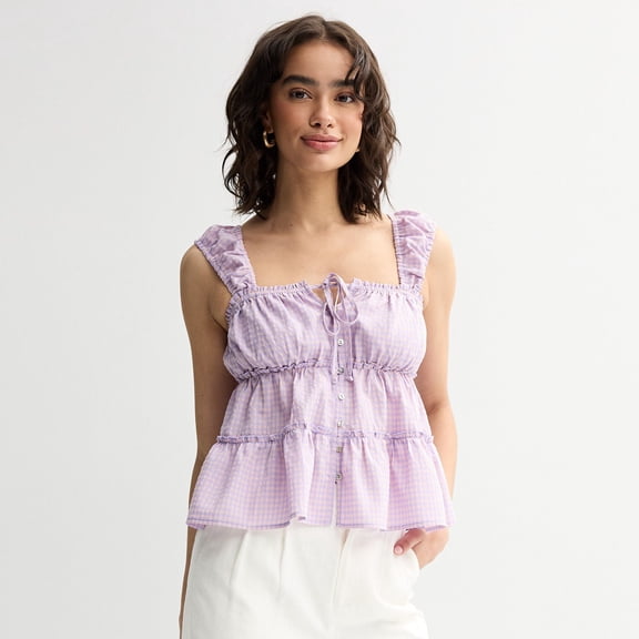 Juniors' Rewind Tiered Woven Tank Top Color: Purple Gingham Size: X LARGE