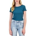thumbnail image 1 of Juniors' Rib-Knit Lettuce-Edge Crewneck Tee Dragon Teal L, 1 of 1