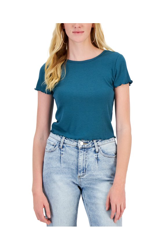 Juniors' Rib-Knit Lettuce-Edge Crewneck Tee Dragon Teal XS